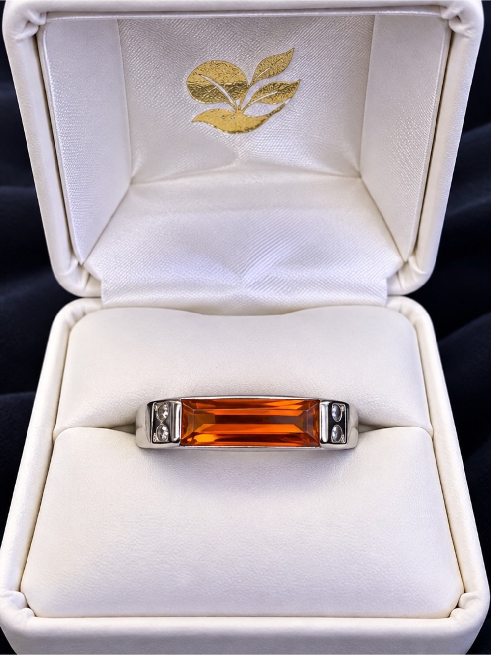 Sterling Silver Orange Baguette Ring with Accent Stones